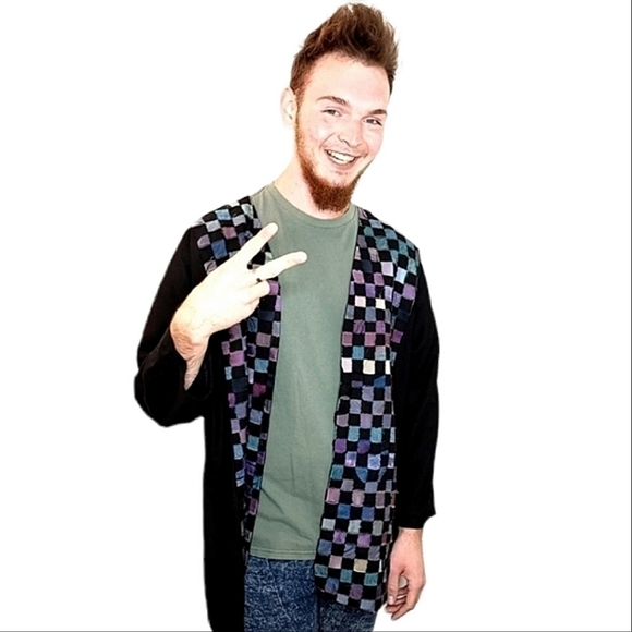 Vintage Salome Silk Checker Print Medium Hand Dyed Retro Artsy Colorful Jacket - Picture 3 of 16